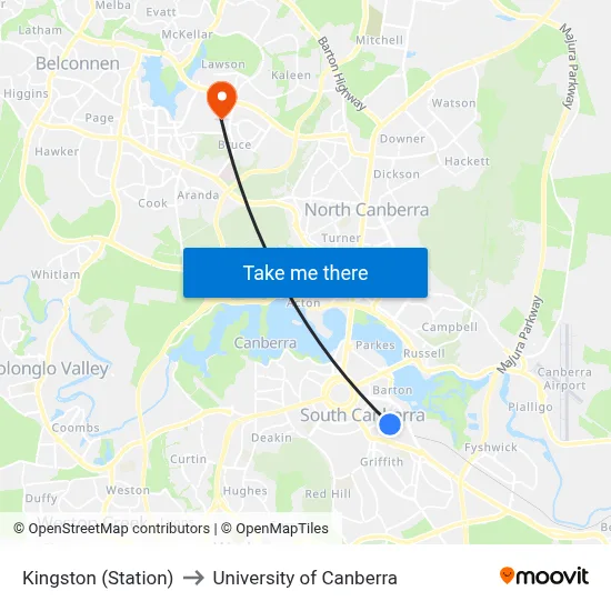 Kingston (Station) to University of Canberra map