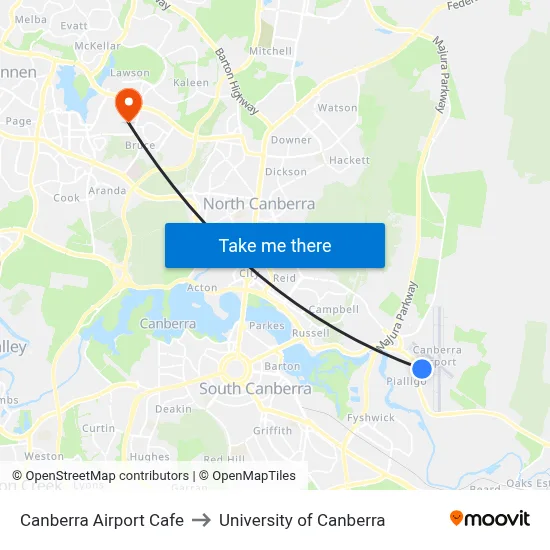 Canberra Airport Cafe to University of Canberra map