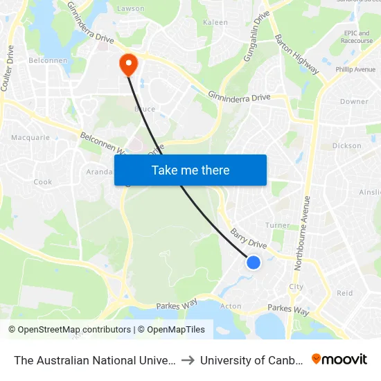 The Australian National University to University of Canberra map