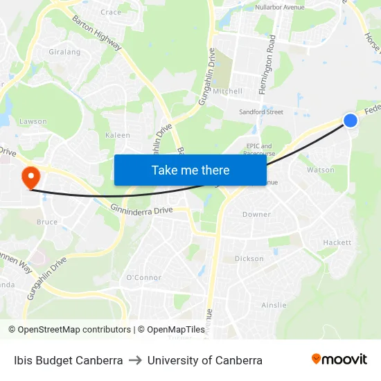Ibis Budget Canberra to University of Canberra map