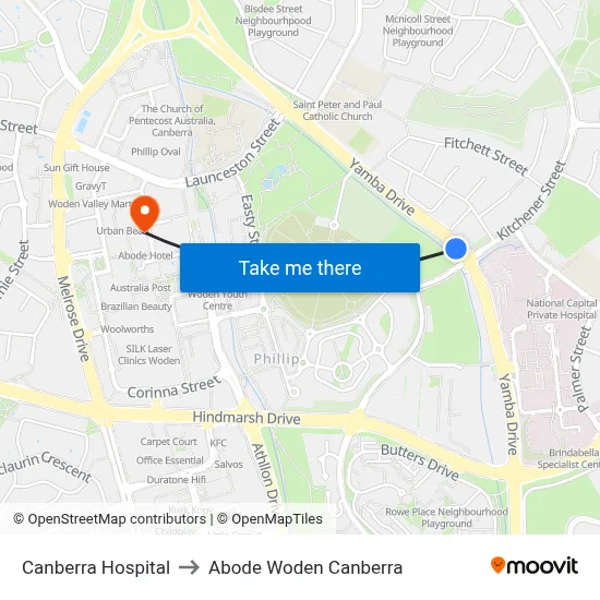 Canberra Hospital to Abode Woden Canberra map