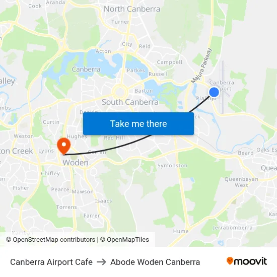 Canberra Airport Cafe to Abode Woden Canberra map