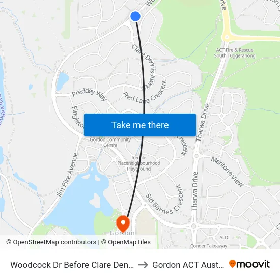 Woodcock Dr Before Clare Dennis Av to Gordon ACT Australia map