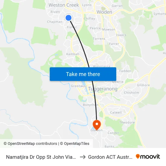 Namatjira Dr Opp St John Vianney to Gordon ACT Australia map