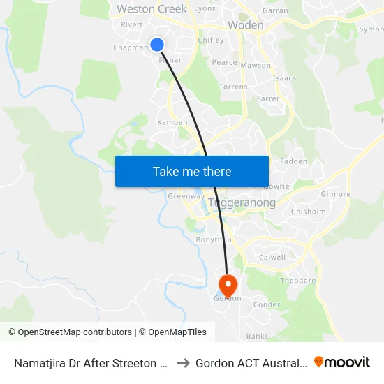 Namatjira Dr After Streeton Dr to Gordon ACT Australia map