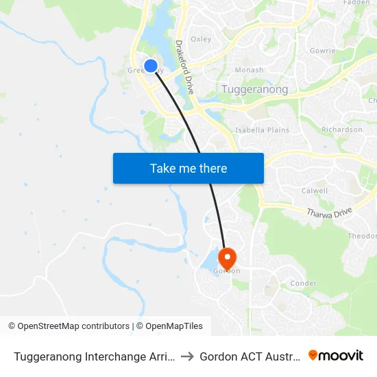 Tuggeranong Interchange Arrivals to Gordon ACT Australia map
