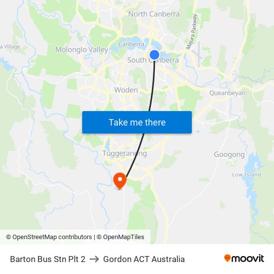 Barton Bus Stn Plt 2 to Gordon ACT Australia map