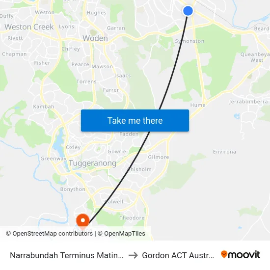 Narrabundah Terminus Matina St to Gordon ACT Australia map