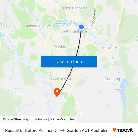 Russell Dr Before Kelliher Dr to Gordon ACT Australia map