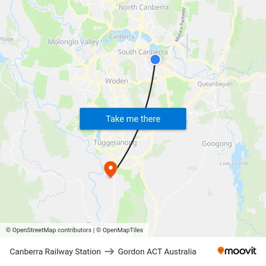 Canberra Railway Station to Gordon ACT Australia map