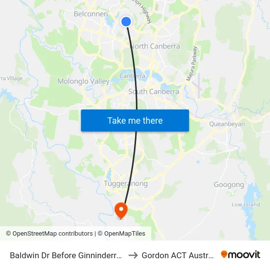 Baldwin Dr Before Ginninderra Dr to Gordon ACT Australia map