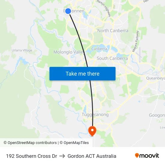 192 Southern Cross Dr to Gordon ACT Australia map
