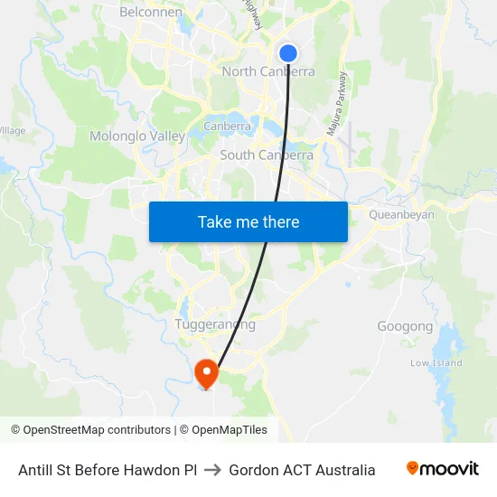 Antill St Before Hawdon Pl to Gordon ACT Australia map