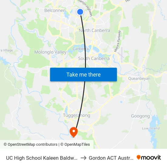 UC High School Kaleen Baldwin Dr to Gordon ACT Australia map