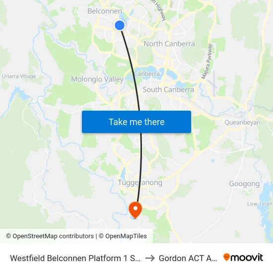 Westfield Belconnen Platform 1 Set Down Only to Gordon ACT Australia map
