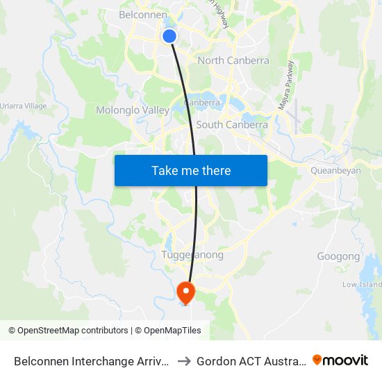 Belconnen Interchange Arrivals to Gordon ACT Australia map