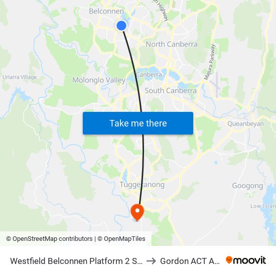 Westfield Belconnen Platform 2 Set Down Only to Gordon ACT Australia map