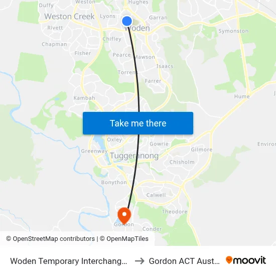 Woden Temporary Interchange Plt 4 to Gordon ACT Australia map