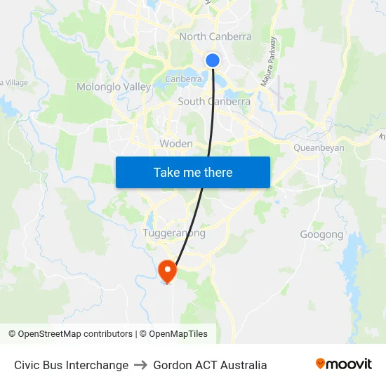 Civic Bus Interchange to Gordon ACT Australia map