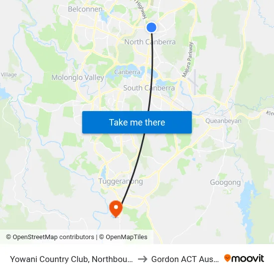 Yowani Country Club, Northbourne Ave to Gordon ACT Australia map