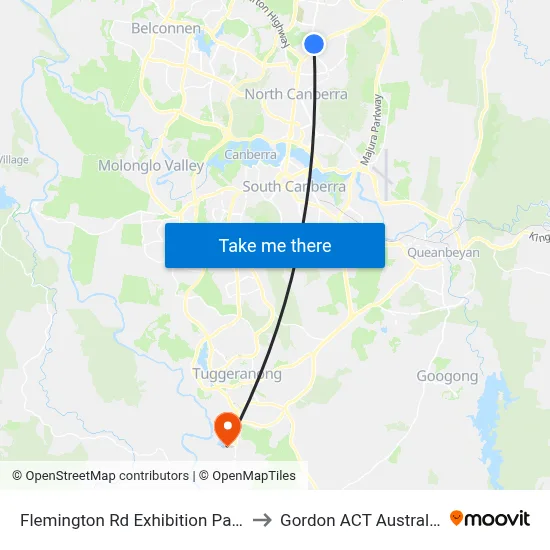 Flemington Rd Exhibition Park to Gordon ACT Australia map