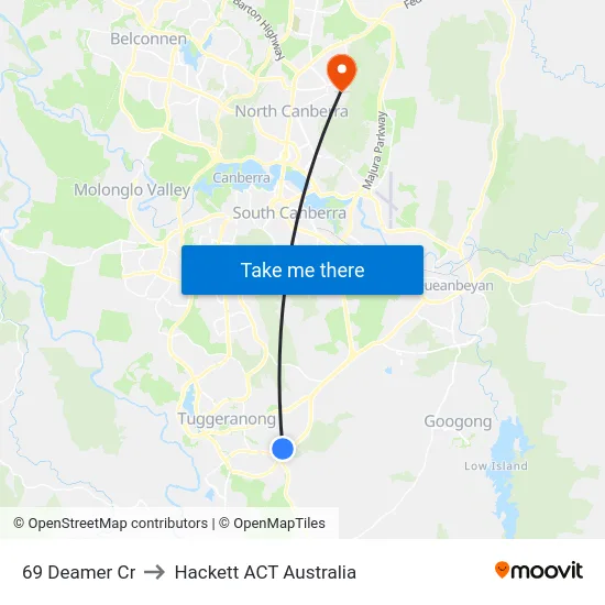 69 Deamer Cr to Hackett ACT Australia map