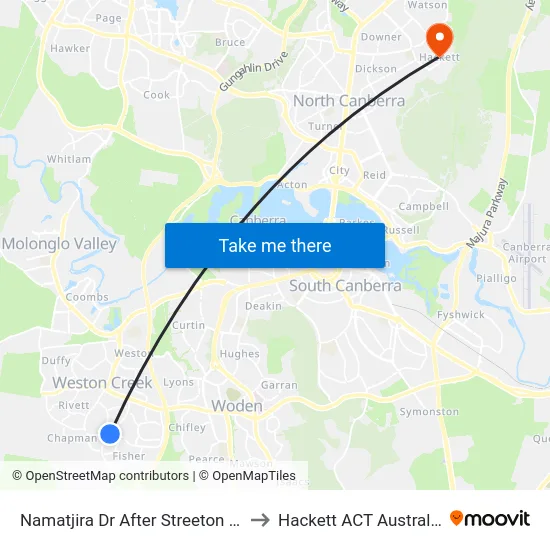 Namatjira Dr After Streeton Dr to Hackett ACT Australia map