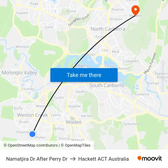 Namatjira Dr After Perry Dr to Hackett ACT Australia map