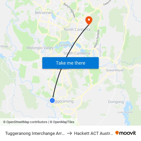 Tuggeranong Interchange Arrivals to Hackett ACT Australia map