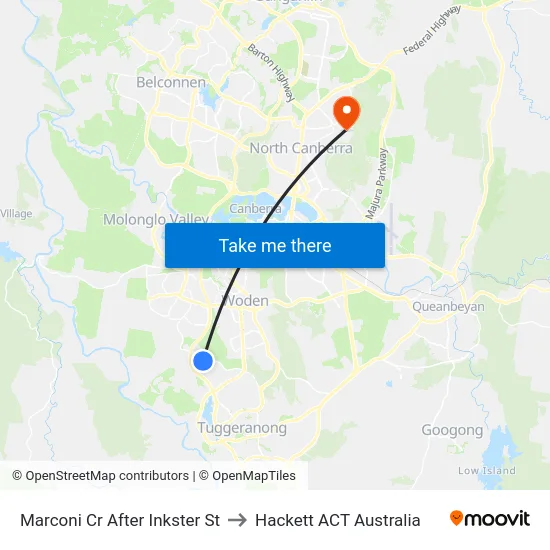 Marconi Cr After Inkster St to Hackett ACT Australia map