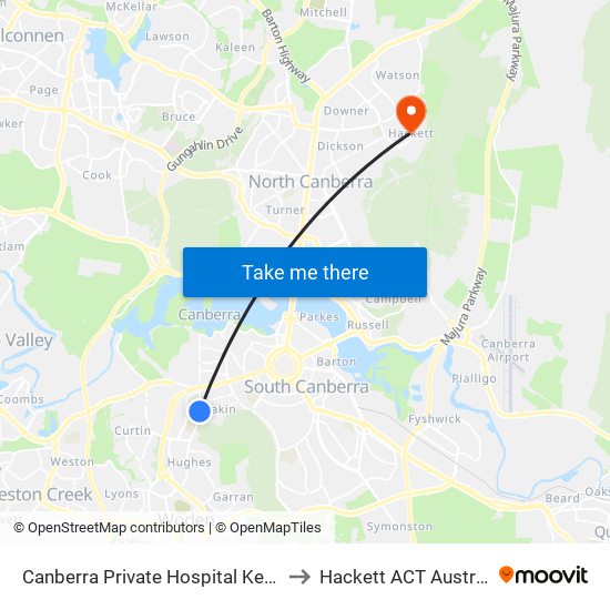 Canberra Private Hospital Kent St to Hackett ACT Australia map