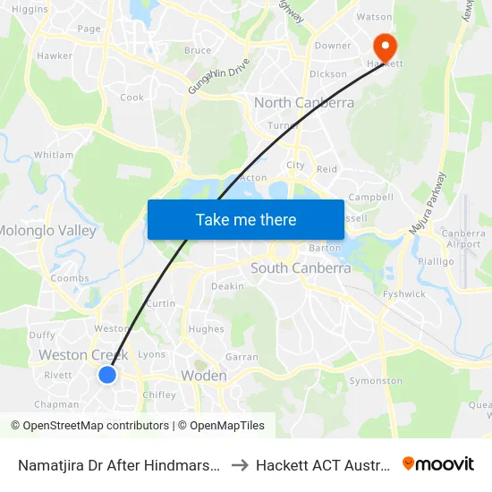 Namatjira Dr After Hindmarsh Dr to Hackett ACT Australia map