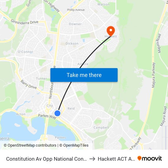 Constitution Av Opp National Convention Centre to Hackett ACT Australia map