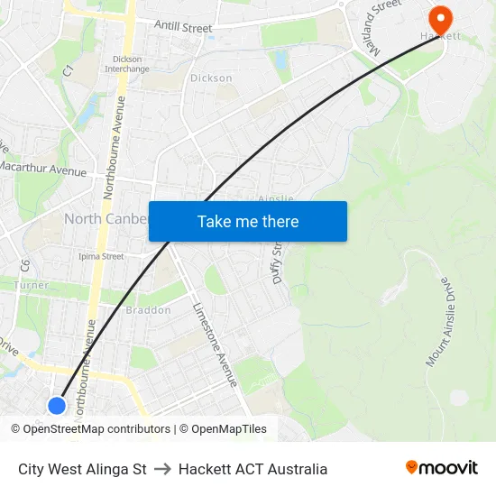 City West Alinga St to Hackett ACT Australia map