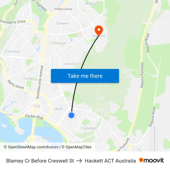 Blamey Cr Before Creswell St to Hackett ACT Australia map