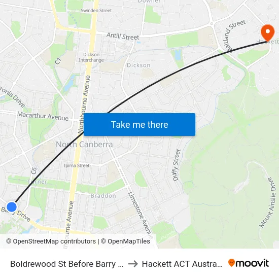 Boldrewood St Before Barry Dr to Hackett ACT Australia map