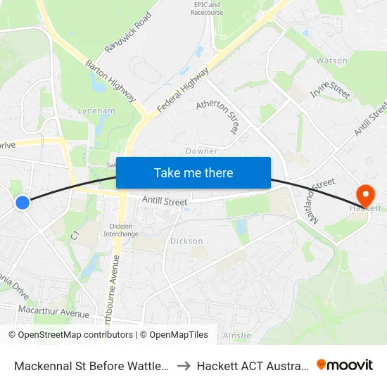 Mackennal St Before Wattle St to Hackett ACT Australia map