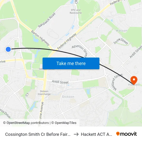 Cossington Smith Cr Before Fairweather Cct to Hackett ACT Australia map