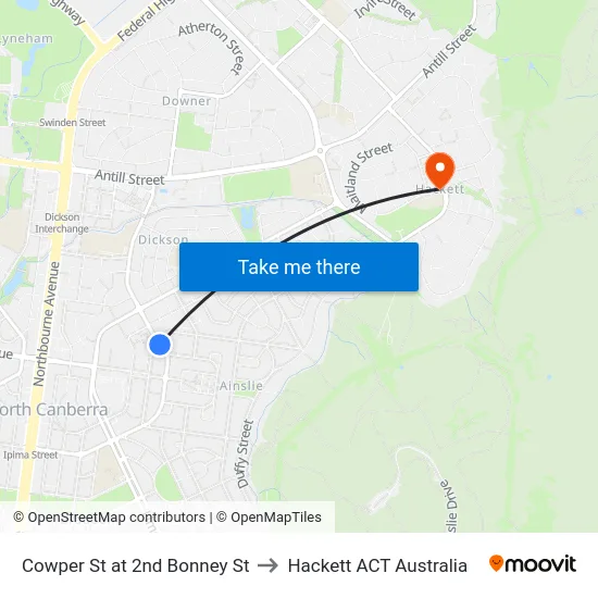 Cowper St at 2nd Bonney St to Hackett ACT Australia map