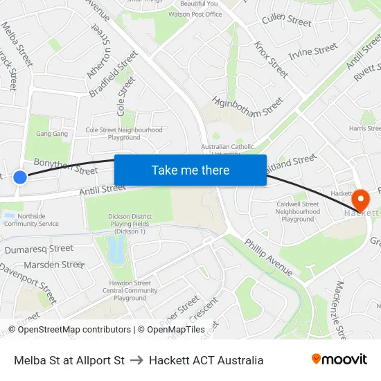 Melba St at Allport St to Hackett ACT Australia map