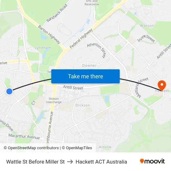 Wattle St Before Miller St to Hackett ACT Australia map
