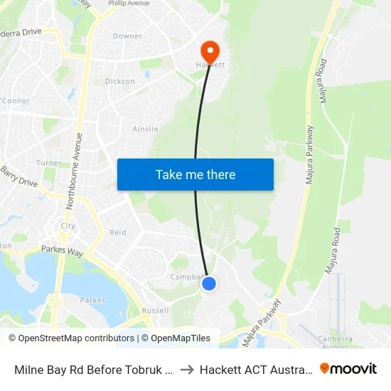 Milne Bay Rd Before Tobruk Rd to Hackett ACT Australia map