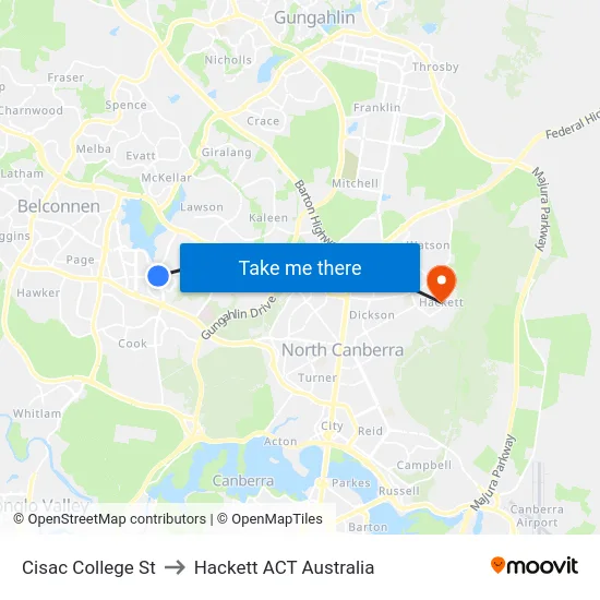 Cisac College St to Hackett ACT Australia map