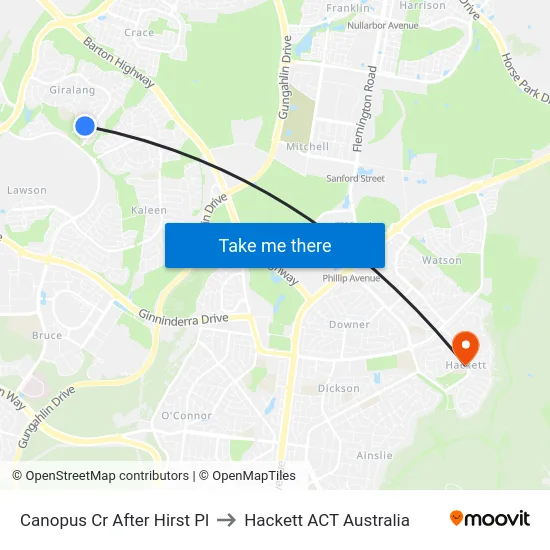Canopus Cr After Hirst Pl to Hackett ACT Australia map