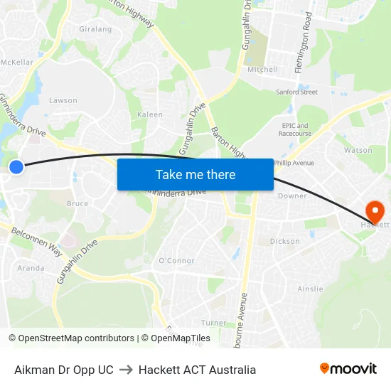 Aikman Dr Opp UC to Hackett ACT Australia map