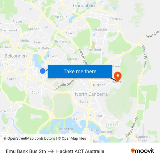 Emu Bank Bus Stn to Hackett ACT Australia map