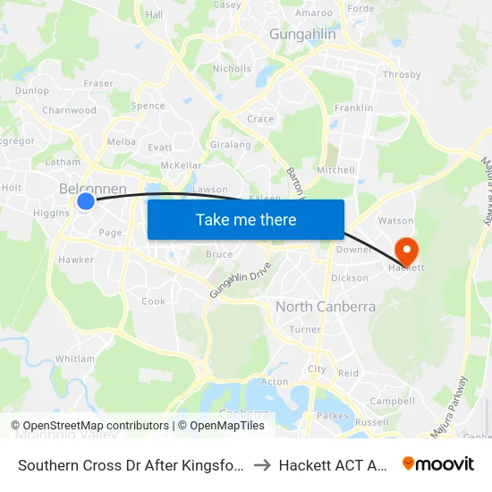 Southern Cross Dr After Kingsford Smith Dr to Hackett ACT Australia map