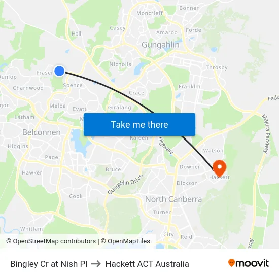 Bingley Cr at Nish Pl to Hackett ACT Australia map