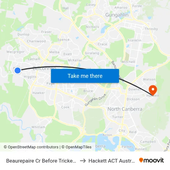 Beaurepaire Cr Before Trickett St to Hackett ACT Australia map