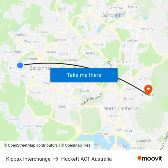 Kippax Interchange to Hackett ACT Australia map